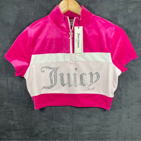 NEW Juicy Couture‎ Free Love Hot Pink Rhinestone Velour Crop Top Women Medium - Picture 1 of 6